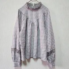 【amelier】（M）フリルスタンドカラーレースチェック柄ディテールブラウス