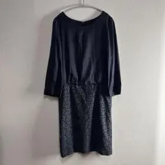 異素材切替 ひざ丈ワンピース ブラック