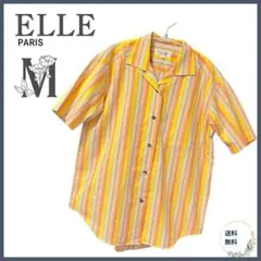 【美品】ELLE エル　開襟シャツ　半袖 ストライプ　イエロー×オレンジ M