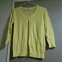 七分袖 イエロー 透かし編み カーディガン
