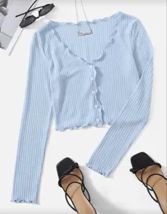 m*i様 ライトブルー リブ編み カーディガン