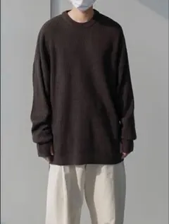 【極上の落ち感】リブ編み オーバーサイズニット ダークブラウン ラウンドヘム