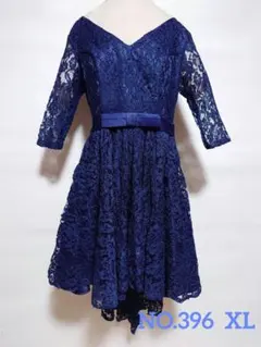 新品 XLサイズ パーティードレス　フィッシュテール レース 七分袖 ネイビー