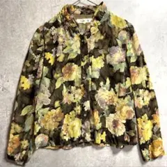 総柄 ブラウス シャツ フリル襟 金ボタン 花柄 ベロア調 昭和 레트로 헌 옷