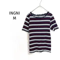 イング/半袖カットソー/ボーダー柄リブ素材メローフリルネックフェミニントップス