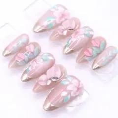 【397】ネイルチップSサイズ ピンク 3D花柄 ミラーフレンチ マグネット