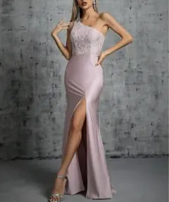 SHEINワンショルダー レース サテン ロングドレス