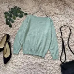 6526✾GRL グレイル✾Vネックニット【M】グリーン/レーヨン混/ドロショ