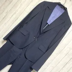 LES MUES ストレッチスーツ　パンツスーツセットアップ　ストライプ　M 紺のサムネイル