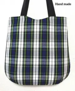 トートバッグ　肩掛けトートバッグ 　チェック　ホワイトグリーン　ハンドメイド