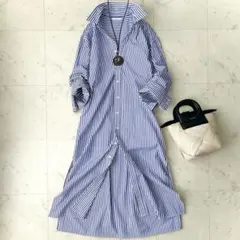 美品 ジャーナルスタンダード コットンブロードストライプシャツワンピース 青白