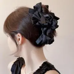 【ラスト1点】サテンリボン ヘアクリップ ブラック ヘアアクセサリー