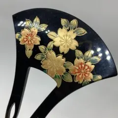 012107 結婚式　樹脂　鼈甲黒甲風　金蒔絵　桜　バチ型　かんざし