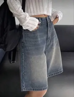 デニムショートパンツ グレー ハイウエスト