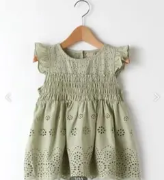 美品　プティマイン　レースシャーリング袖フリルチュニック　グリーン　80