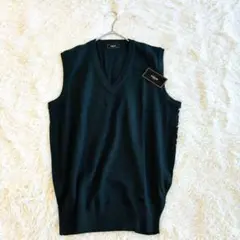 【新品】洗える ニットベスト メンズ L 深緑 Vネック ウォッシャブル