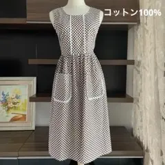 ハンドメイド コットン100% 茶白チェック エプロンワンピース リボン調整可♪