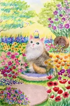 momorin様専用原画 水彩画 海辺の窓辺で寛ぐ猫と小鳥 値段は※900円です