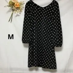 ミッシュマッシュ　ワンピース　長袖　ドット　ブラック　リボン　Mサイズのサムネイル