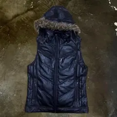 美品 Y2K 平成 グランジ ダウンベスト 光沢 ファー フード 00s お兄系