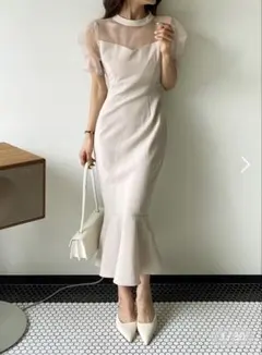 ワンピース　ドレス　お呼ばれ　結婚式　フォーマル　ベージュ　韓国　リボン