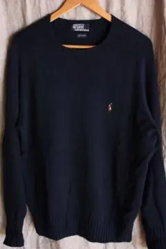 【美品】90s ラルフローレン コットン ニット 紺 L マルチポニー 刺繍