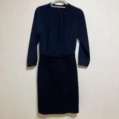 shipsのネイビー ツイード切替サテンワンピース長袖