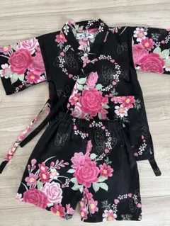 黒地　ピンク花柄　浴衣 甚平　100cm