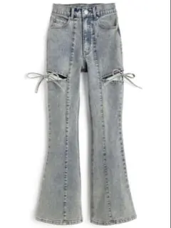 サイドカットアウトリボンフレアデニムパンツ ライトブルー[cu578]