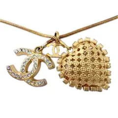 シャネル ロングネックレス ココマーク ハート ラインストーン ゴールド 美品