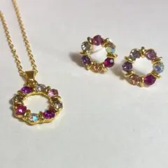 マルチカラー サークル ネックレス ピアス セット ゴールド ビジュー ストーン