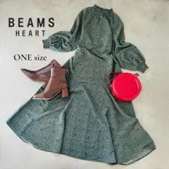 【美品】BEAMS HEART ボタニカル柄 ロングワンピース グリーン系
