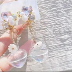 夏可愛い♡ハートビジュー×ゆらゆらガラスドームピアスイヤリング