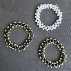 ブラック×ゴールド パール白×パール白 ビーズ ヘアゴム ブレスレット ３セット
