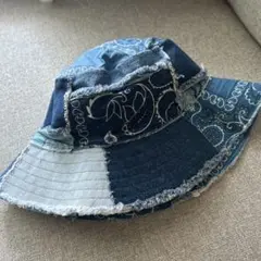 ⭐︎美品　ZARA デニム パッチワーク バケット ハット ペイズリー S 紺×白