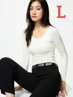 新品 ユニクロ / 極暖ヒートテックリブUネックブラTシャツ（白・Lサイズ）