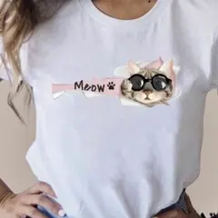 【人気】　猫　プリント　Tシャツ　カットソー　イラスト　XL　ホワイト　⑧