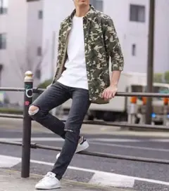 【BROWNY VINTAGE】カモフラ柄 7分袖シャツ M コットン100%のサムネイル