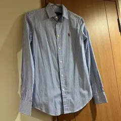 Ralph Lauren 水色白ストライプ 長袖ポロシャツ
