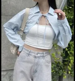 ナイスクラップ　ボレロシャツ NICE CLAUP ボレロ 水色のサムネイル