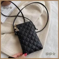 スマホショルダー 黒 上品 薔薇柄 スマホポーチ お財布ショルダー 黒 c