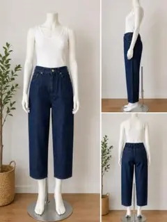 クロップドデニムパンツ Mサイズ インディゴ 裾フリンジ カットオフデザインのサムネイル
