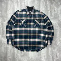 古着 胸ポケット 長袖 ネルシャツ チェック柄 グリーン XL 5973