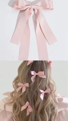 ピンクリボンのクリップセット　結婚式ヘアアクセサリー