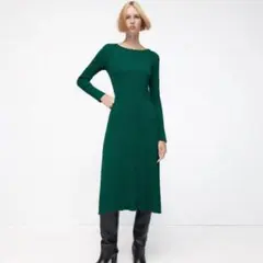 新品✨ZARA◎ザラ　リブニットワンピース　グリーン　L ロング丈　コットン　緑