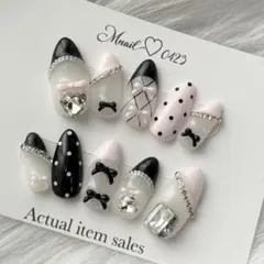 現品販売✳︎ 地雷系ネイルフレンチブラックピンク水玉3dネイル
