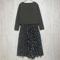 ドッキング　ロングワンピース　カットソー　S 花柄　長袖　グレー