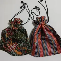 巾着袋 2点セット 花柄とストライプ