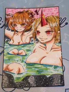 自作絵 ファンアート 東方Project 萃香＆勇儀 温泉