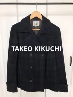 タケオキクチ　ピーコート ショート丈 ネイビー　チェック柄のサムネイル